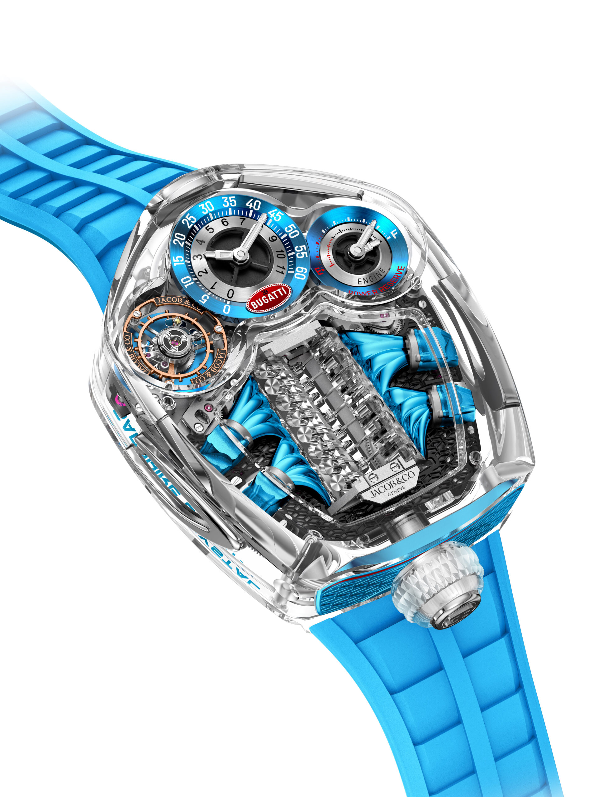 شفافية مطلقة من كل زاوية: علبة ساعة Jacob & Co. Bugatti Tourbillon Sapphire Crystal المصنوعة بالكامل من الياقوت تكشف عن تحفة هندسية فريدة