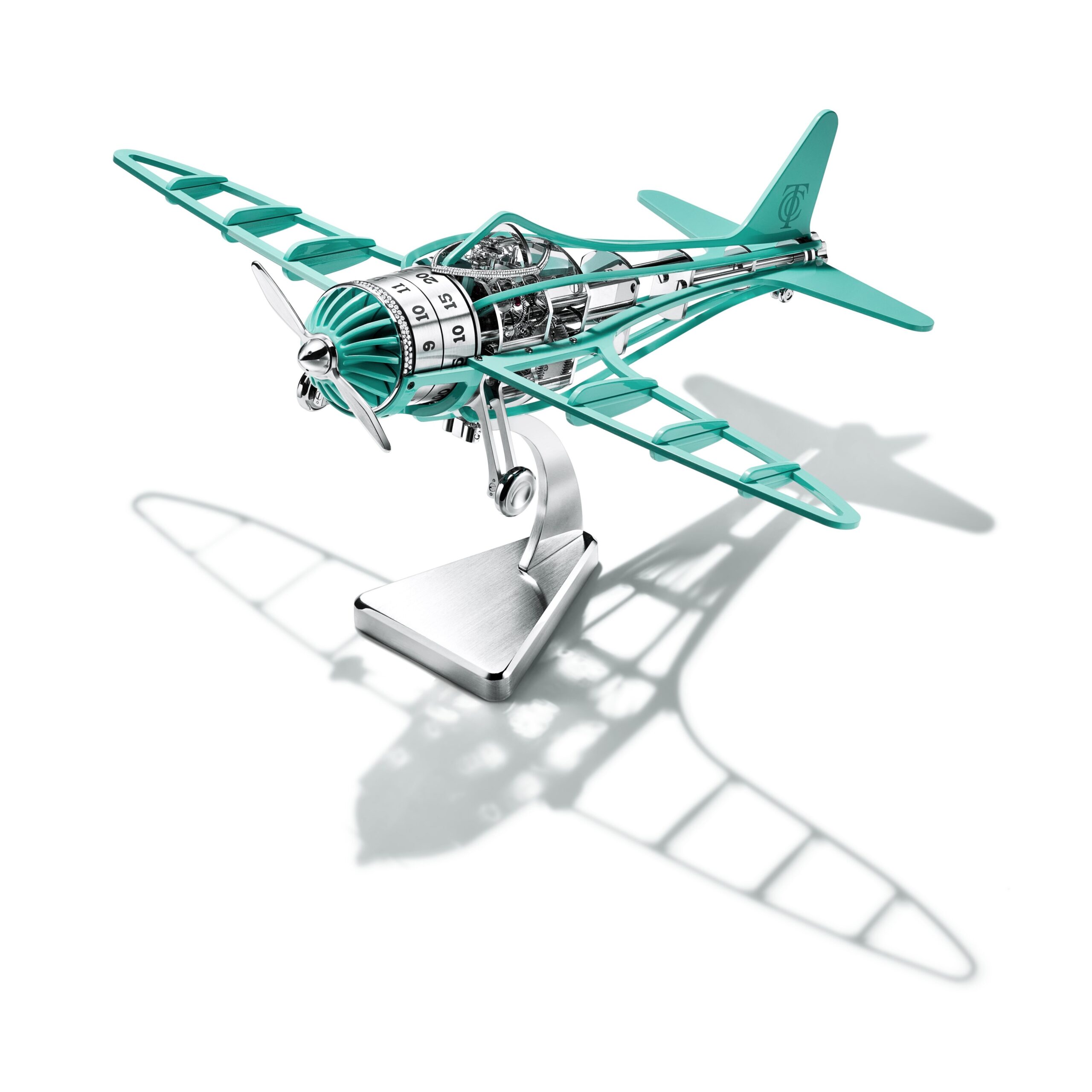 Tiffany Airways mechanical clock in aluminum with a Tiffany Blue® finish and round brilliant diamonds of 4.5 total carats
